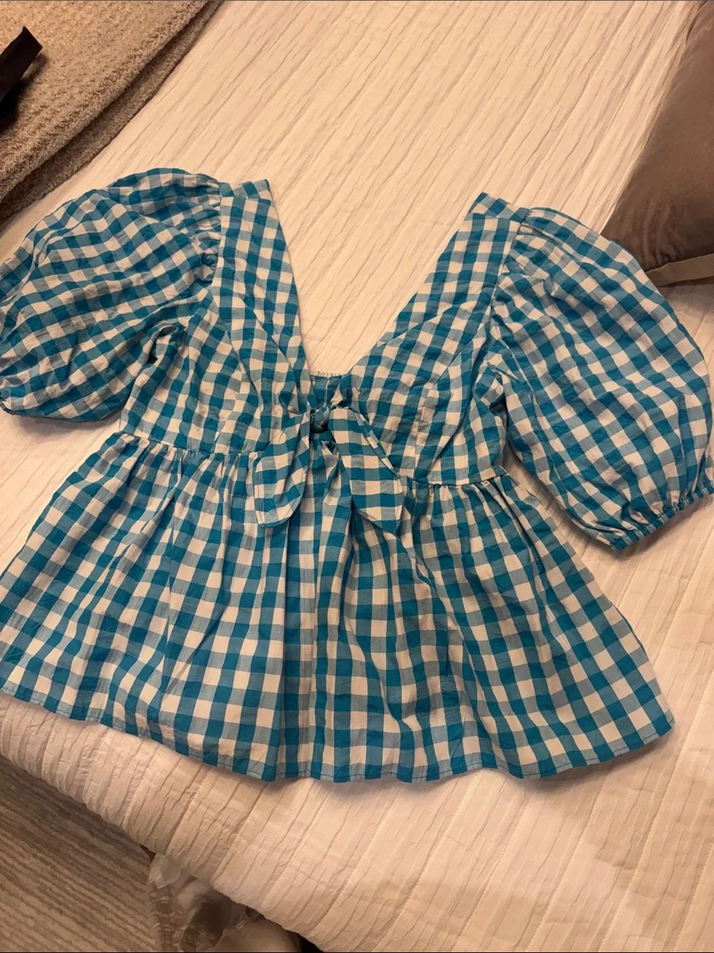 Lilly Pulitzer Blue and White Gingham Puff Sleeve Peplum Top